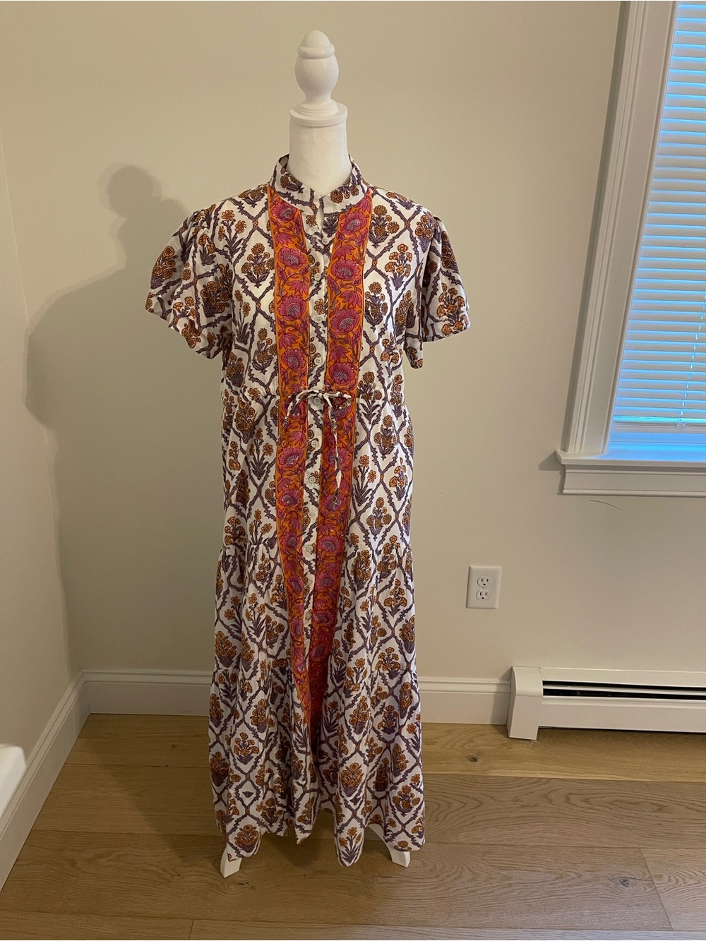 Victoria Dunn White Maxi Dress with Brown Floral Print and Orange Trim